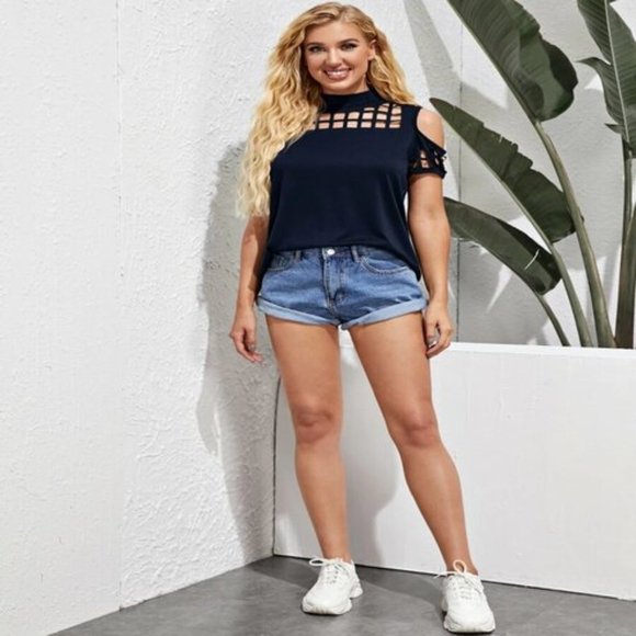 New Knit Top Split Back Opens Crosses Over Cutout Top Cold Shoulder Top Navy - Picture 4 of 5